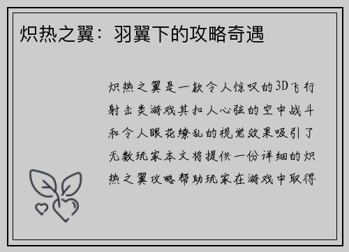 炽热之翼：羽翼下的攻略奇遇