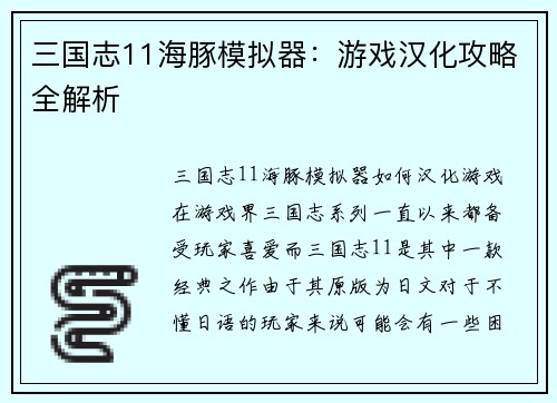 三国志11海豚模拟器：游戏汉化攻略全解析